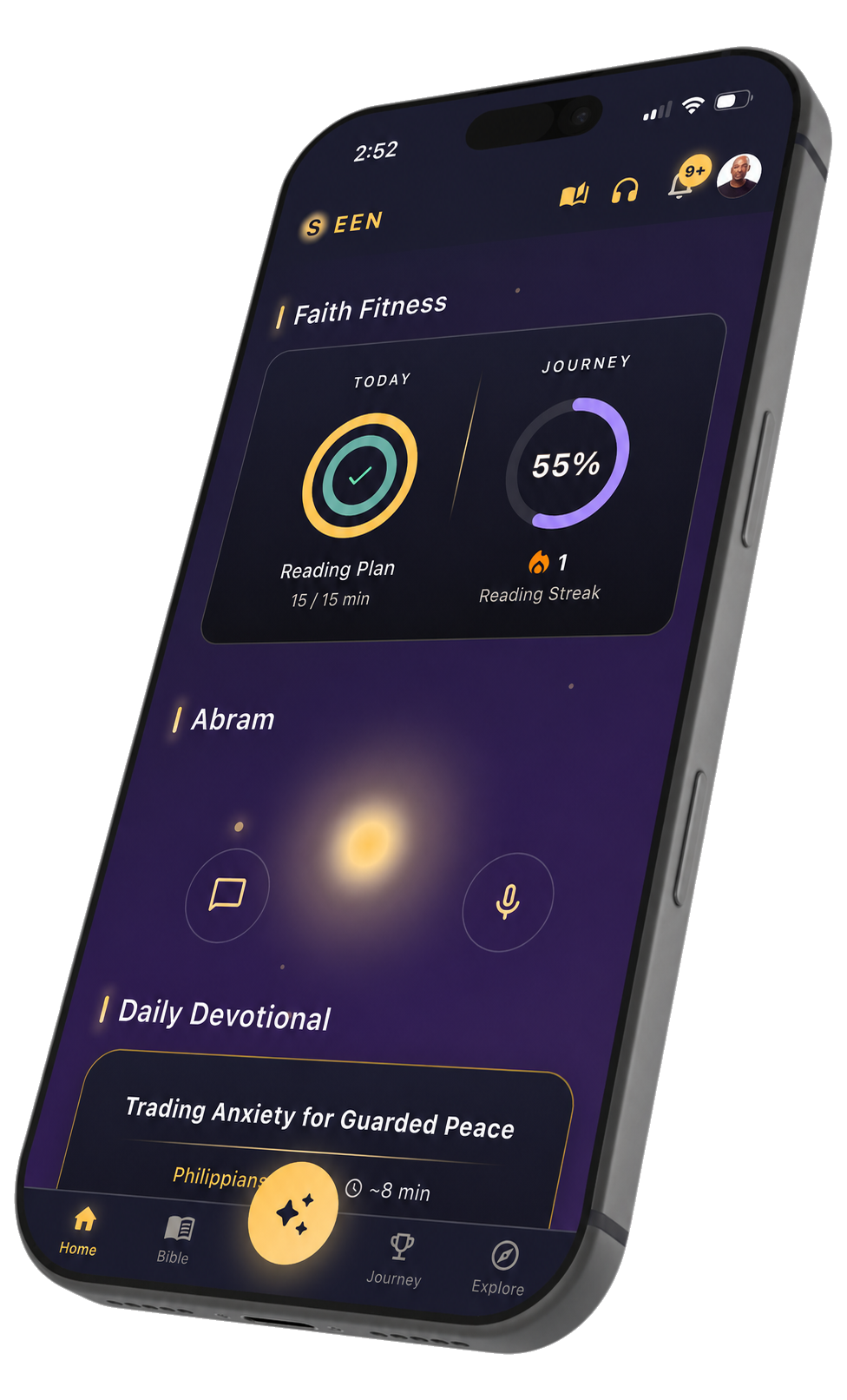 Screenshot of the Seen home screen on iPhone — today's verse, Abram's golden orb, faith fitness rings, and the day's reading.