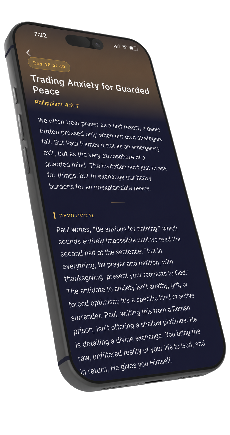 Screenshot of the Daily Devotional in Seen on iPhone — three paragraphs anchored on today's Scripture, ending with a prayer and a reflection question.