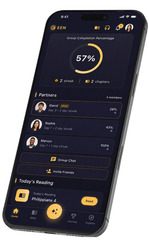 Screenshot of a Seen Reading Plan on iPhone — pick a topic you're wrestling with, invite a friend, watch each other's rings sync.